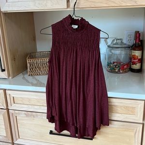 A new day sleeveless swing top; High neck with gathered accent; burgundy; small